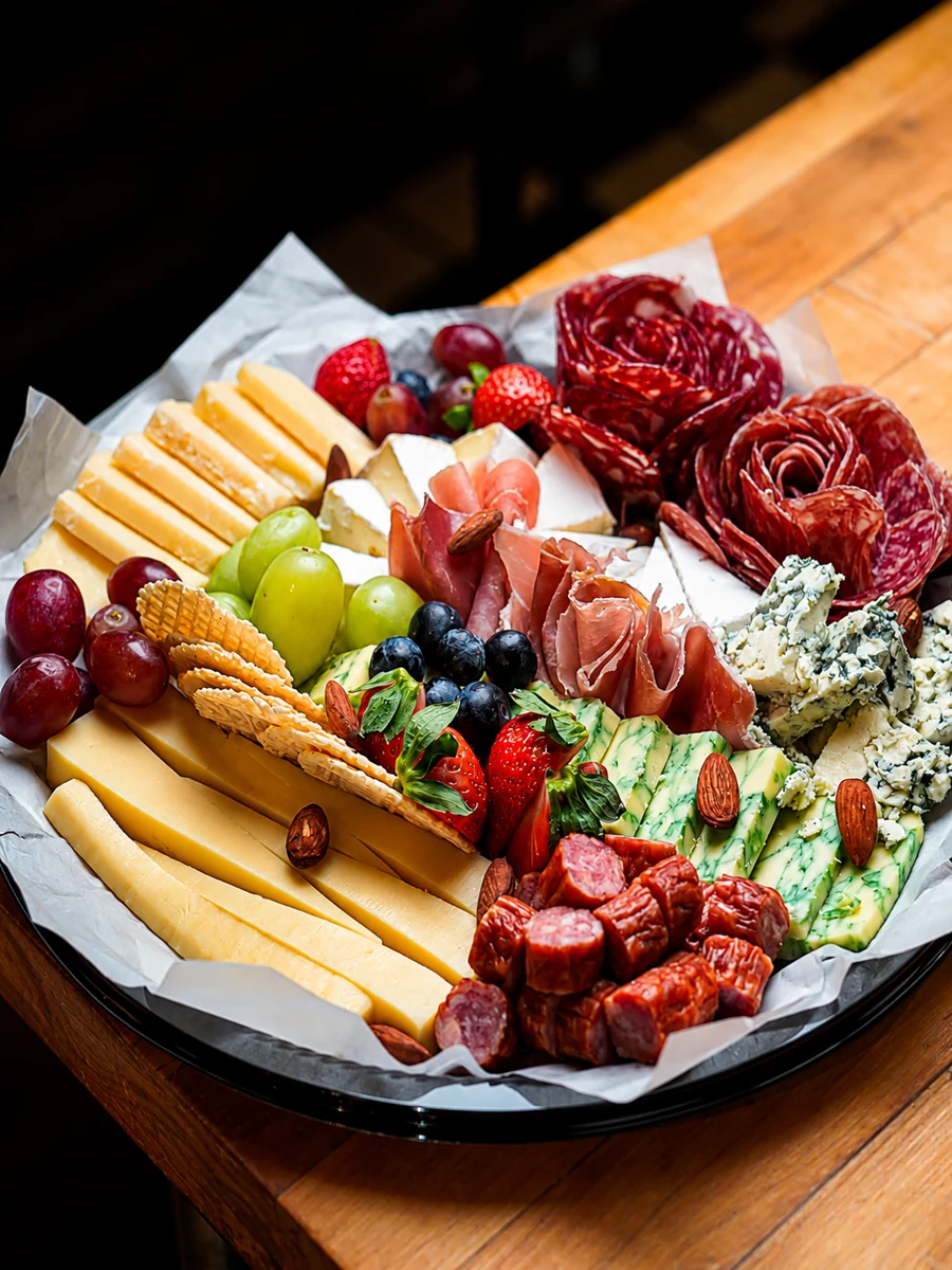 A sharing platter with cheese, fruit, cold cuts, and crackers at Borsch House