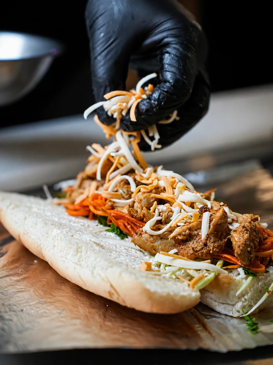 A gloved hand assembling a filled flatbread at Borsch House