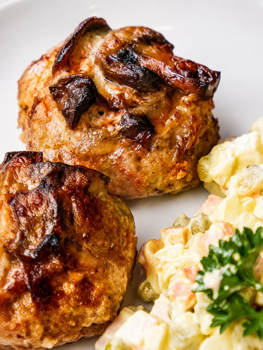 Mushroom-topped patties with potato salad at Borsch House