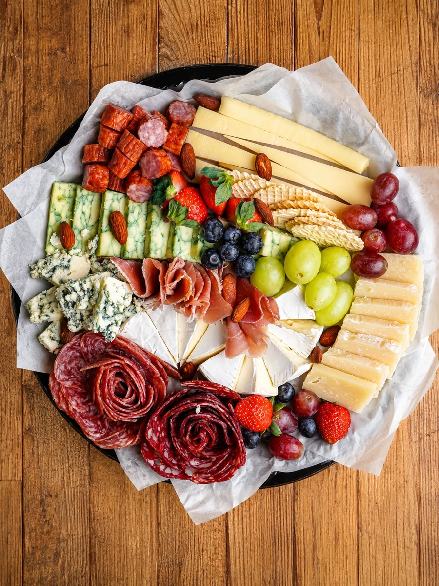 An overhead sharing platter with cheese, fruit, and cold cuts at Borsch House